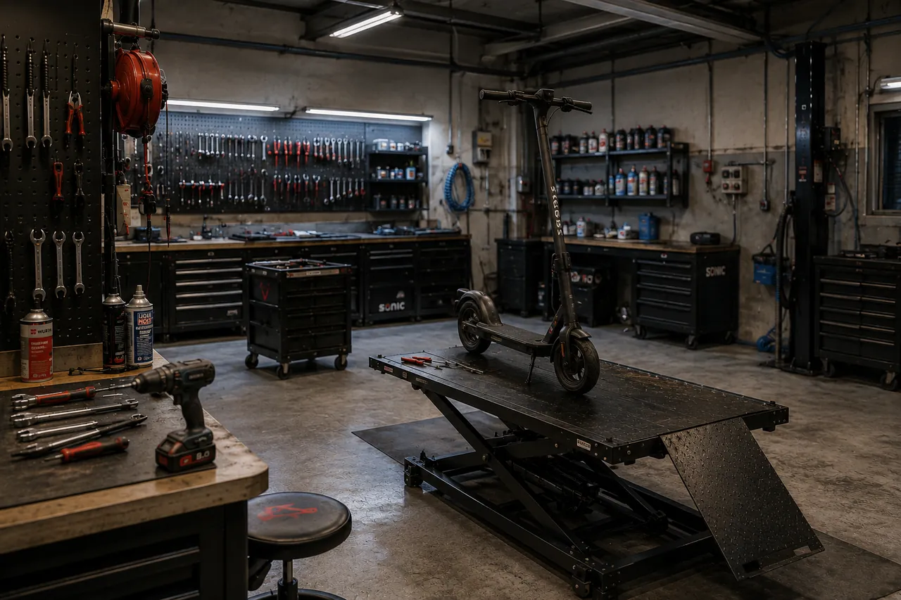 Voll ausgestattete E-Scooter Werkstatt in Kiel mit Hebebühne und Werkzeugwand